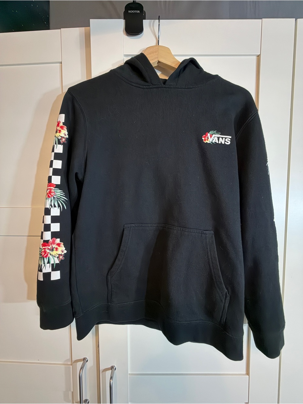 Vans Black Crewneck Hoodie with Floral Checker Sleeve Accents B7